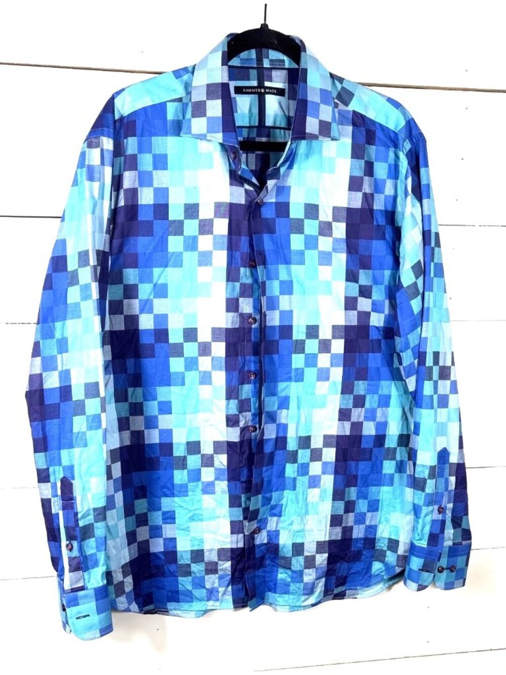 Hammer Made Mens Long Sleeve Button-Up Shirt Blue Checkered Pattern 100% Cotton